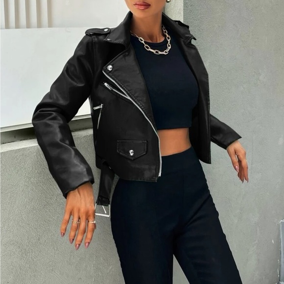 Black Zip Up Belted PU faux Leather Moto Jacket - Picture 5 of 5